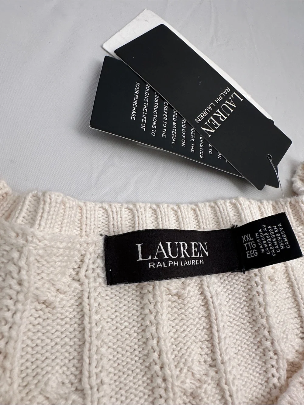 Ralph Lauren Winter Cream cable knit crew neck sweater with appliqué & buttons